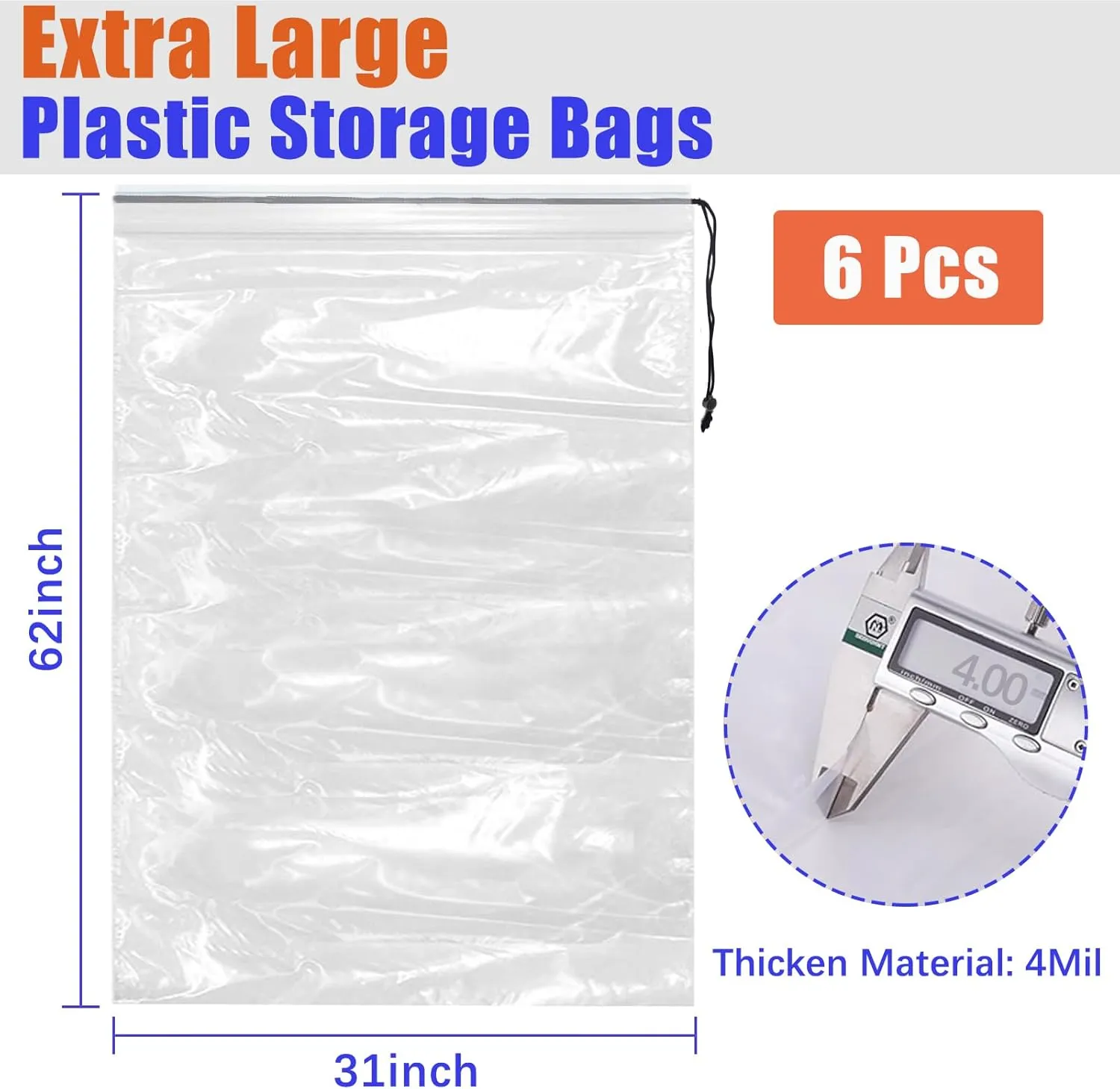 62x31 Inch Extra Large Clear Drawstring Plastic Bags 6 Pack(4 Mils), Dustproof Moistureproof Reusable Big Giant Luggage Storage Bag for Suitcase Garage Organizer, Blanket, Plush Toys