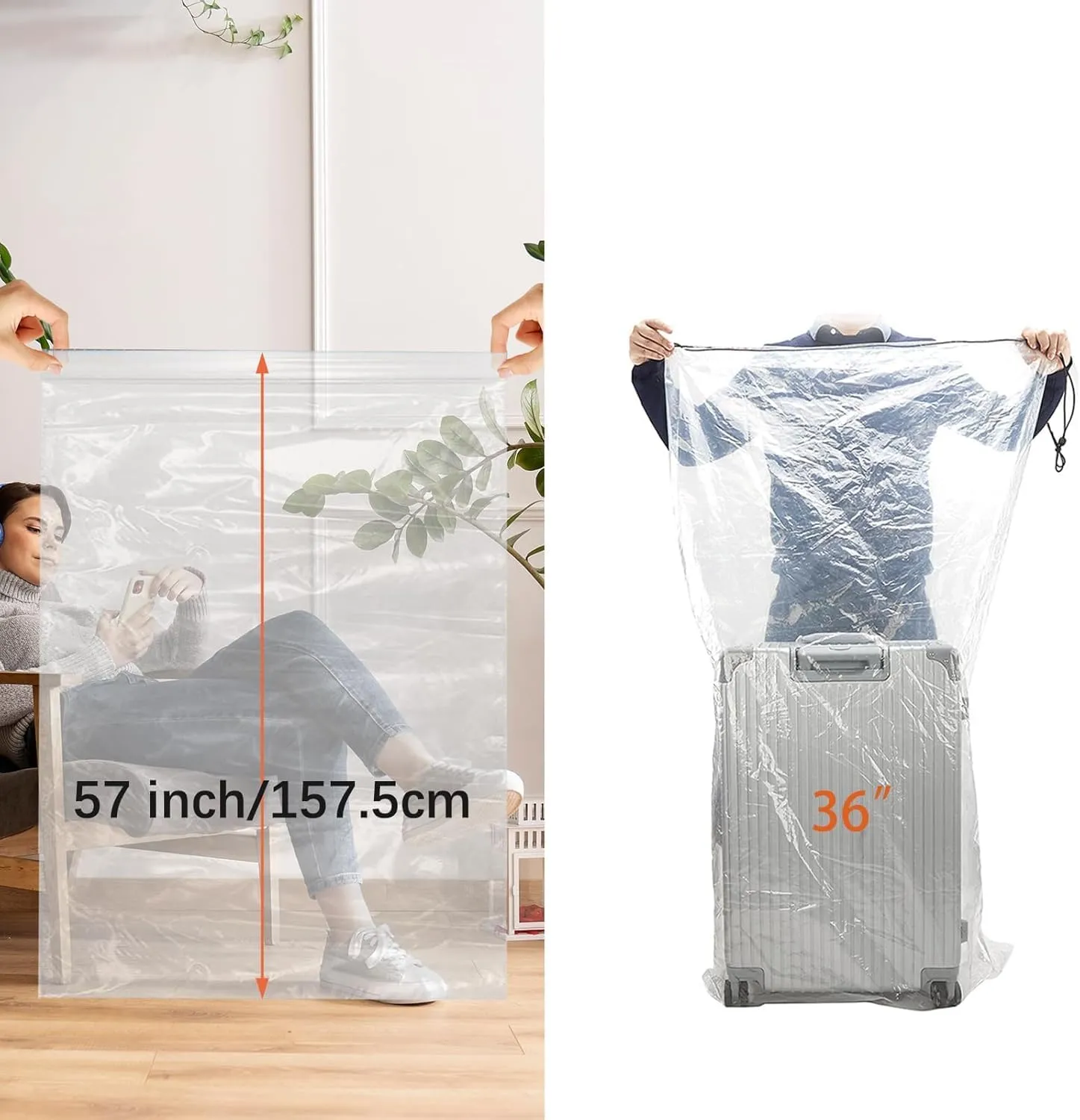 62x31 Inch Extra Large Clear Drawstring Plastic Bags 6 Pack(4 Mils), Dustproof Moistureproof Reusable Big Giant Luggage Storage Bag for Suitcase Garage Organizer, Blanket, Plush Toys