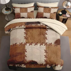 7 Pcs Queen Size Comforter Set with 2 Pillowcases & 2 Shams, Vintage Retro Cowhide Print Bedding for Kids and Adults, Rustic Brown Cow Bed in a Bag with Flat Fitted Sheet