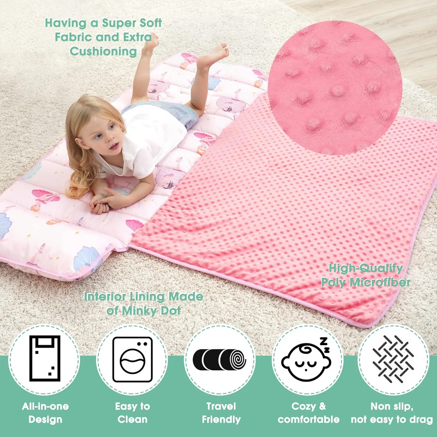 ACRABROS Toddler Nap Mat with Pillow and Blanket, Extra Large Rolled Napping Mats,Slumber Bags for Boys Girls,Kids Sleeping Bag for Daycare, Preschool Travel Camping, Ballet, King