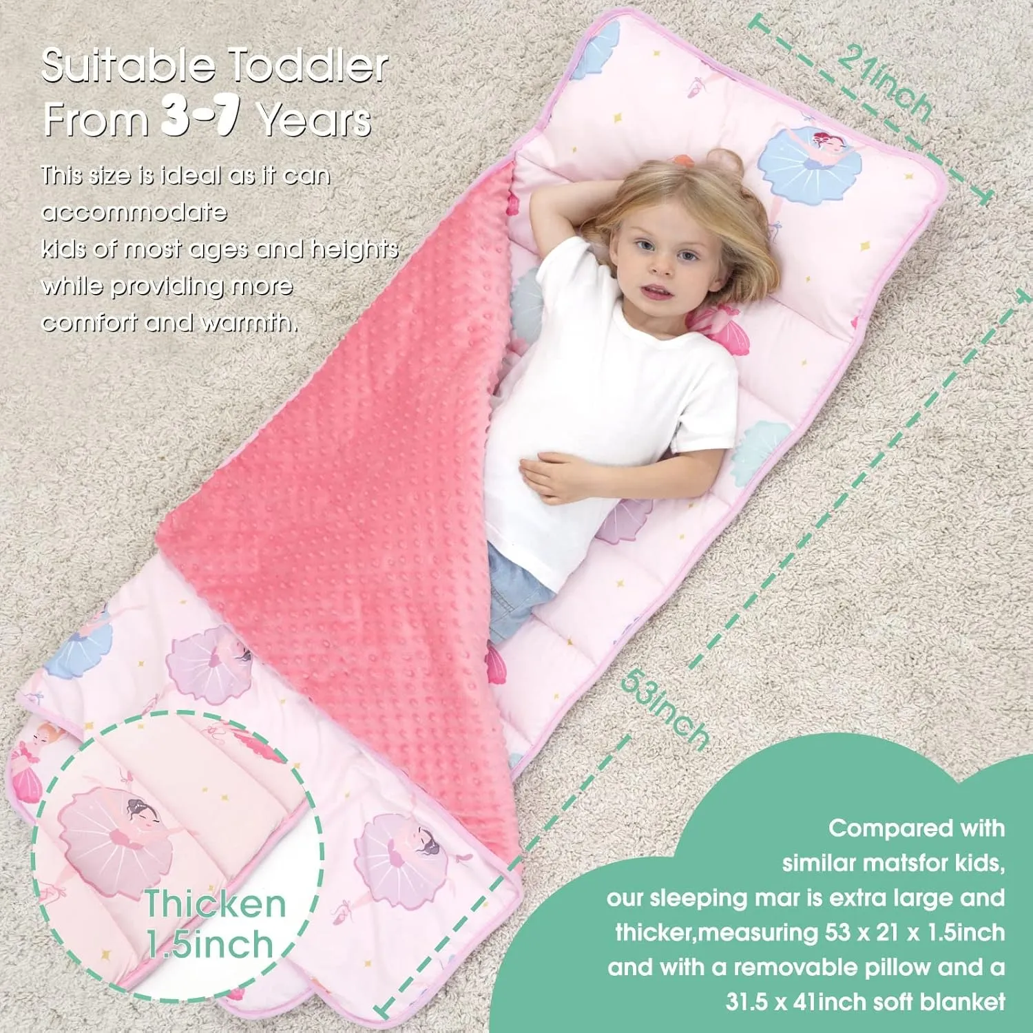 ACRABROS Toddler Nap Mat with Pillow and Blanket, Extra Large Rolled Napping Mats,Slumber Bags for Boys Girls,Kids Sleeping Bag for Daycare, Preschool Travel Camping, Ballet, King