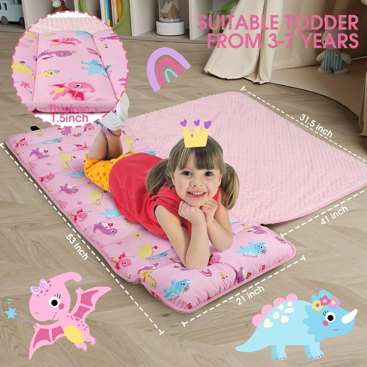ACRABROS Toddler Nap Mat with Pillow and Blanket, Extra Large Rolled Napping Mats,Slumber Bags for Boys Girls,Kids Sleeping Bag for Daycare, Preschool Travel Camping, Colorful Dinosaur