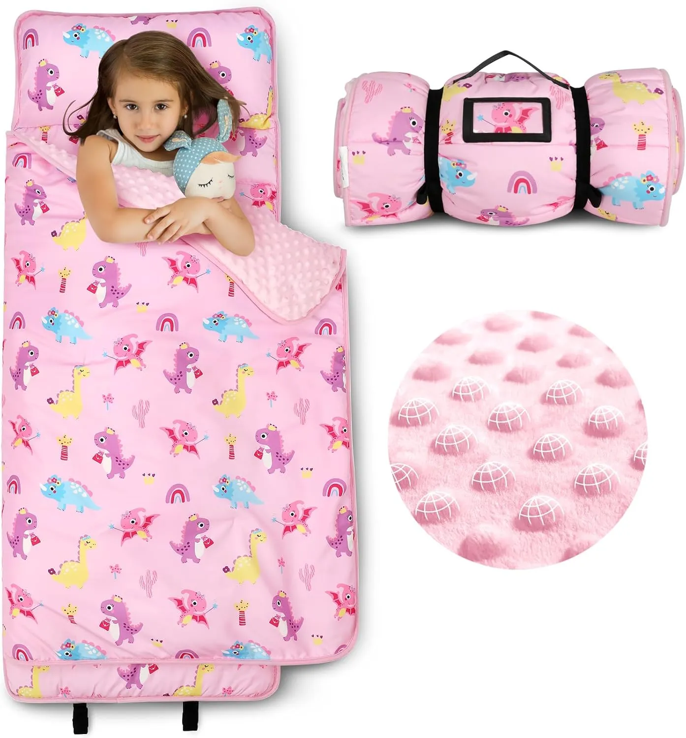 ACRABROS Toddler Nap Mat with Pillow and Blanket, Extra Large Rolled Napping Mats,Slumber Bags for Boys Girls,Kids Sleeping Bag for Daycare, Preschool Travel Camping, Colorful Dinosaur