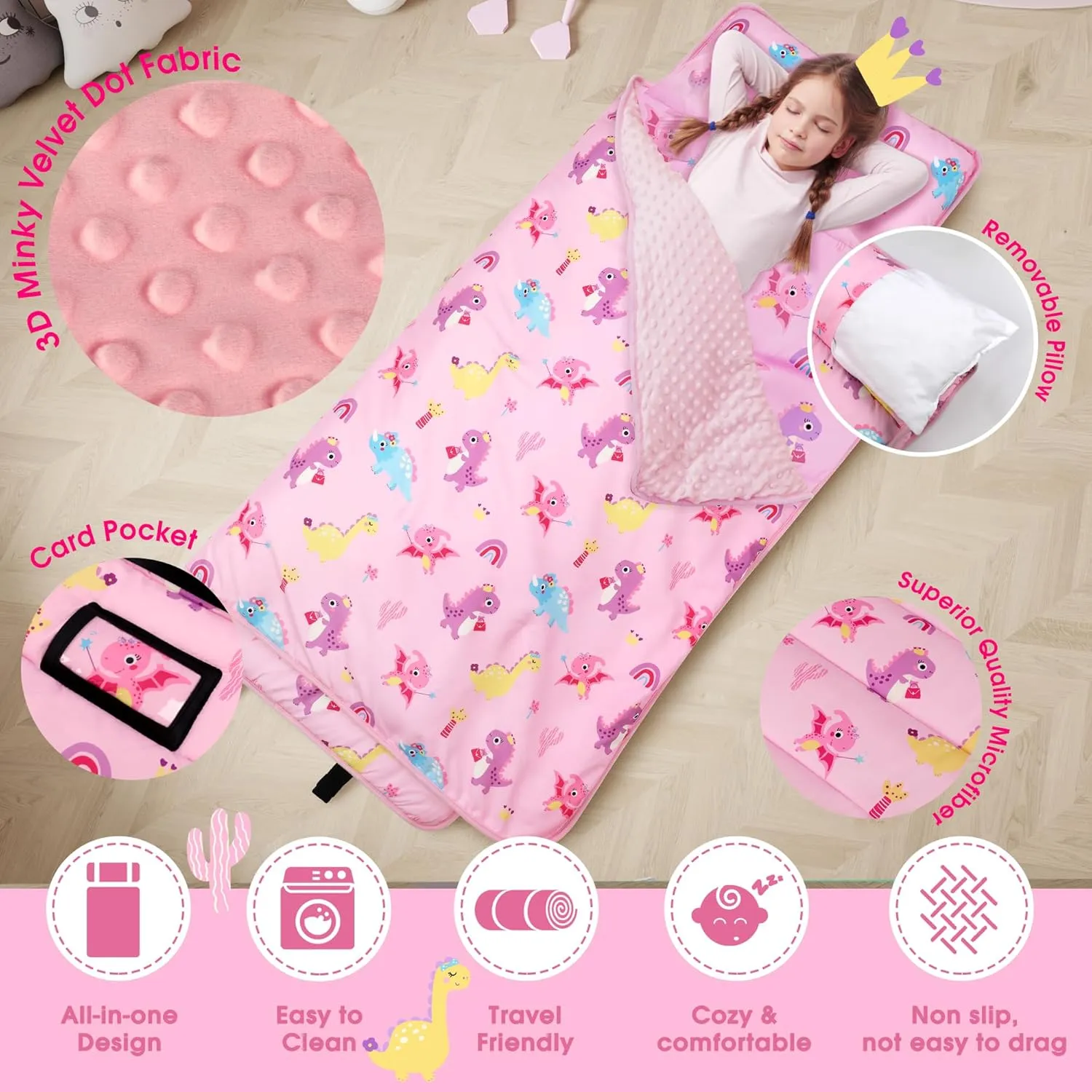 ACRABROS Toddler Nap Mat with Pillow and Blanket, Extra Large Rolled Napping Mats,Slumber Bags for Boys Girls,Kids Sleeping Bag for Daycare, Preschool Travel Camping, Colorful Dinosaur