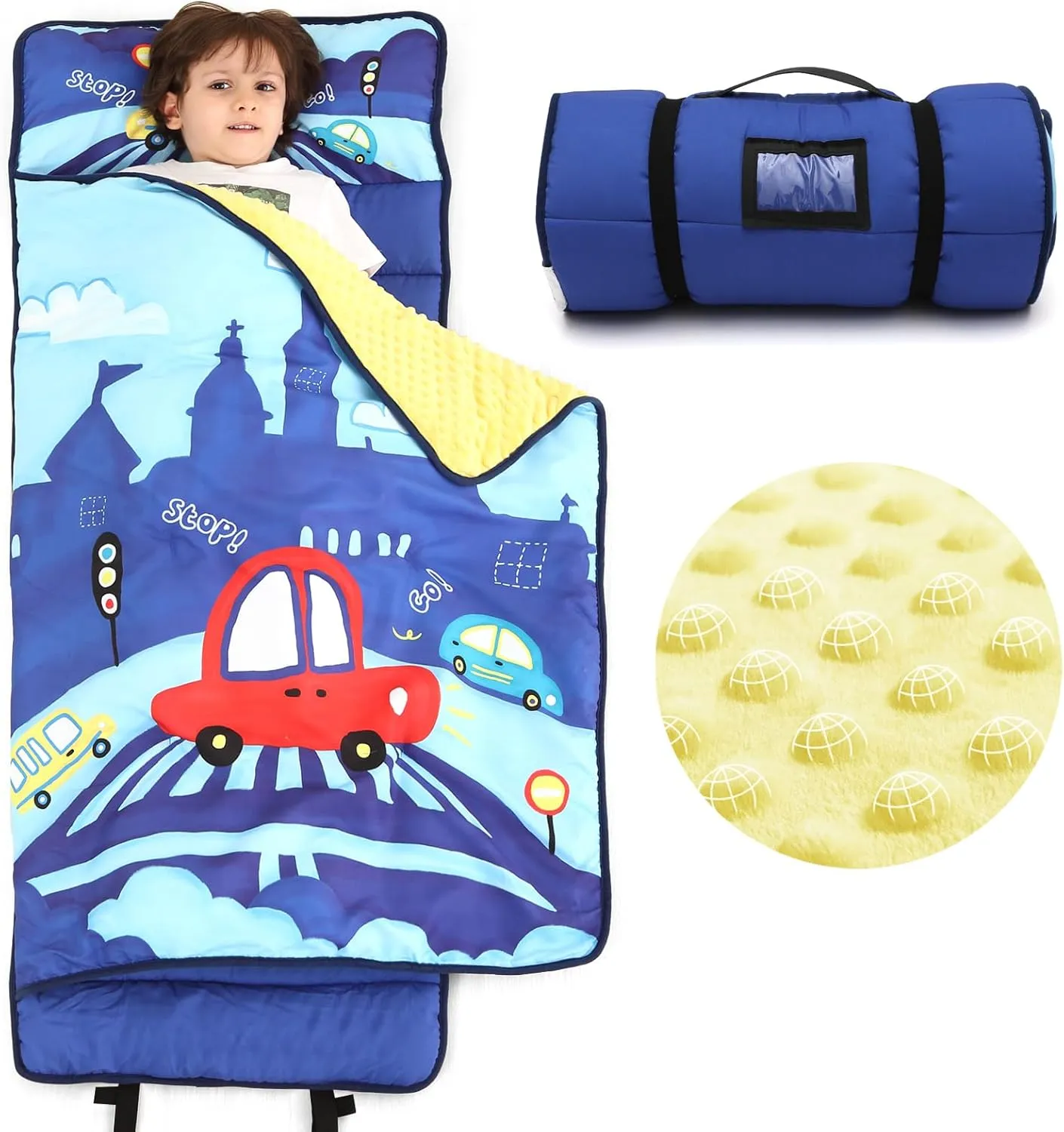 ACRABROS Toddler Nap Mat with Pillow and Blanket, Extra Large Rolled Napping Mats,Slumber Bags for Boys Girls,Kids Sleeping Bag for Daycare, Preschool Travel Camping, Crosswalk Car