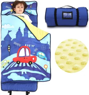 ACRABROS Toddler Nap Mat with Pillow and Blanket, Extra Large Rolled Napping Mats,Slumber Bags for Boys Girls,Kids Sleeping Bag for Daycare, Preschool Travel Camping, Crosswalk Car