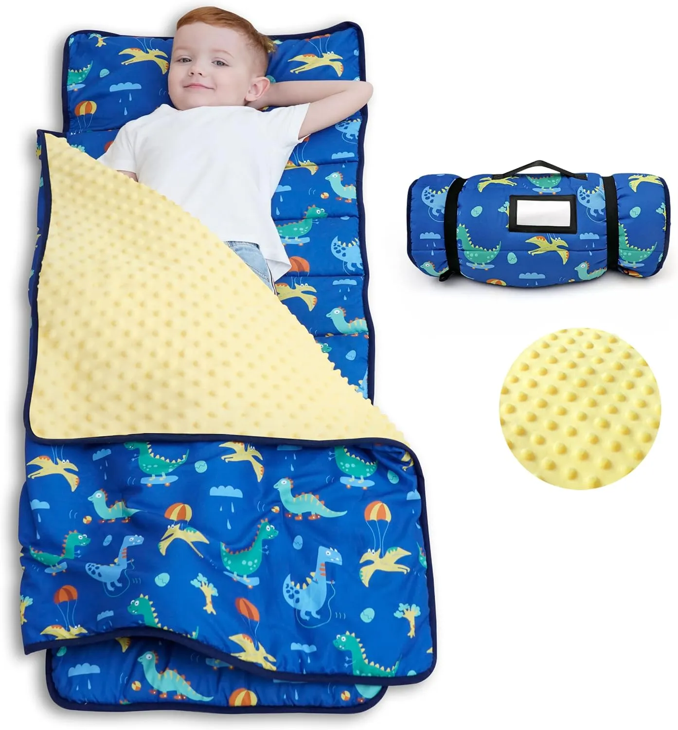ACRABROS Toddler Nap Mat with Pillow and Blanket, Extra Large Rolled Napping Mats,Slumber Bags for Boys Girls,Kids Sleeping Bag for Daycare, Preschool Travel Camping, Dinosaur