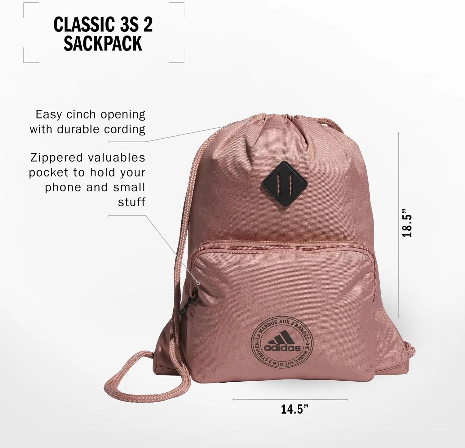 adidas Classic 3S 2.0 Sackpack, Warm Clay Pink, One Size