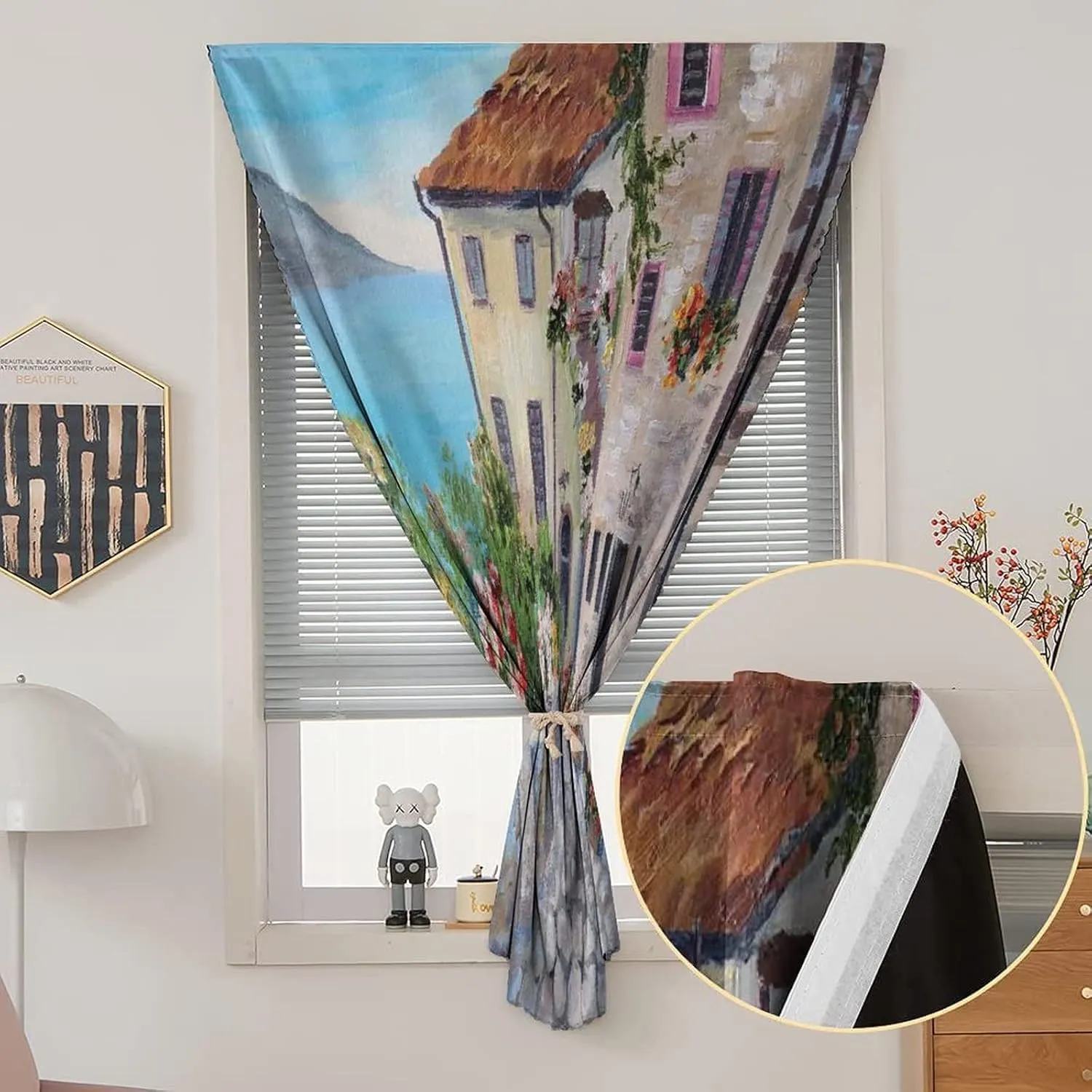 Adjustable Blackout Shades, Rustic Portable Blackout Curtain, Old Houses Small Town Sea and Flower Pots at Windows Oil Painting Print Living Room Bedroom Window Drapes,24W x40L Inches,for Kids Bedroom