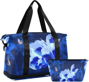 Aesthetic flower Royal Blue Travel Duffel Bag Travel Weekender Gear Bag with Toiletry Bag for Yoga 2 Pcs Set