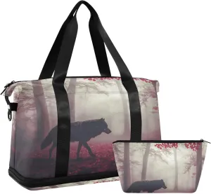 AIXIWAWA Art Forest Wolf Duffel Bags Set with Shoes Compartment Trolley Sleeve Removeable Strap for Workout Travel Gym