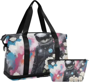 AIXIWAWA Black Astronaut Duffel Bag Set with Shoes Compartment Trolley Sleeve Removeable Strap for Workout Travel Gym