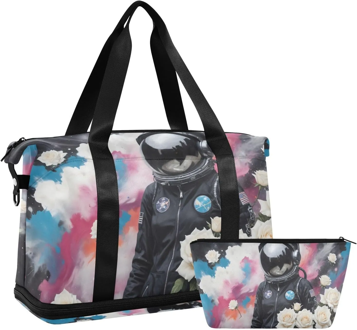 AIXIWAWA Black Astronaut Duffel Bag Set with Shoes Compartment Trolley Sleeve Removeable Strap for Workout Travel Gym
