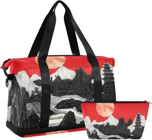 AIXIWAWA Black White Landscape Duffel Bags Set with Shoes Compartment Trolley Sleeve Removeable Strap for Workout Travel Gym