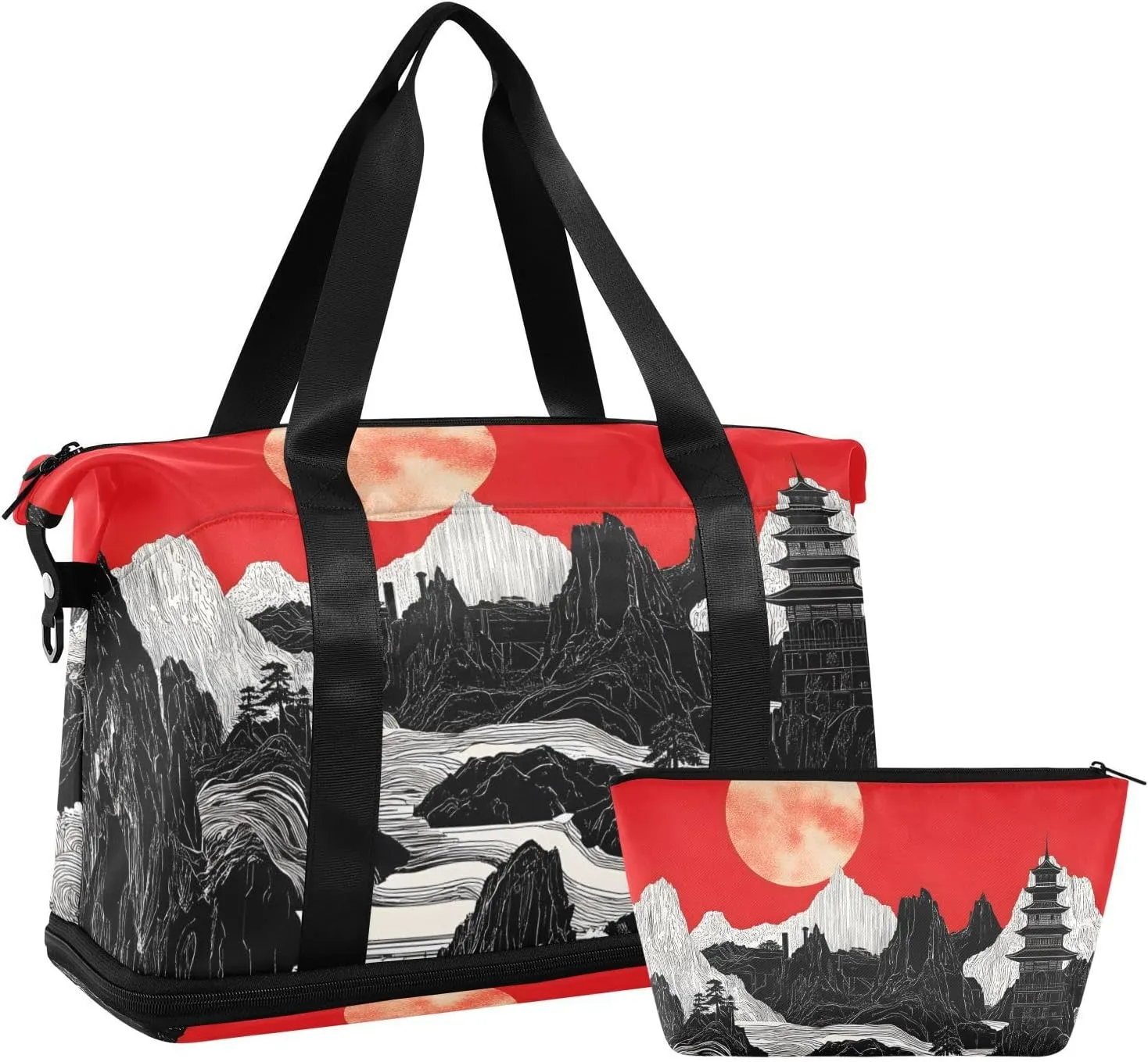 AIXIWAWA Black White Landscape Duffel Bags Set with Shoes Compartment Trolley Sleeve Removeable Strap for Workout Travel Gym