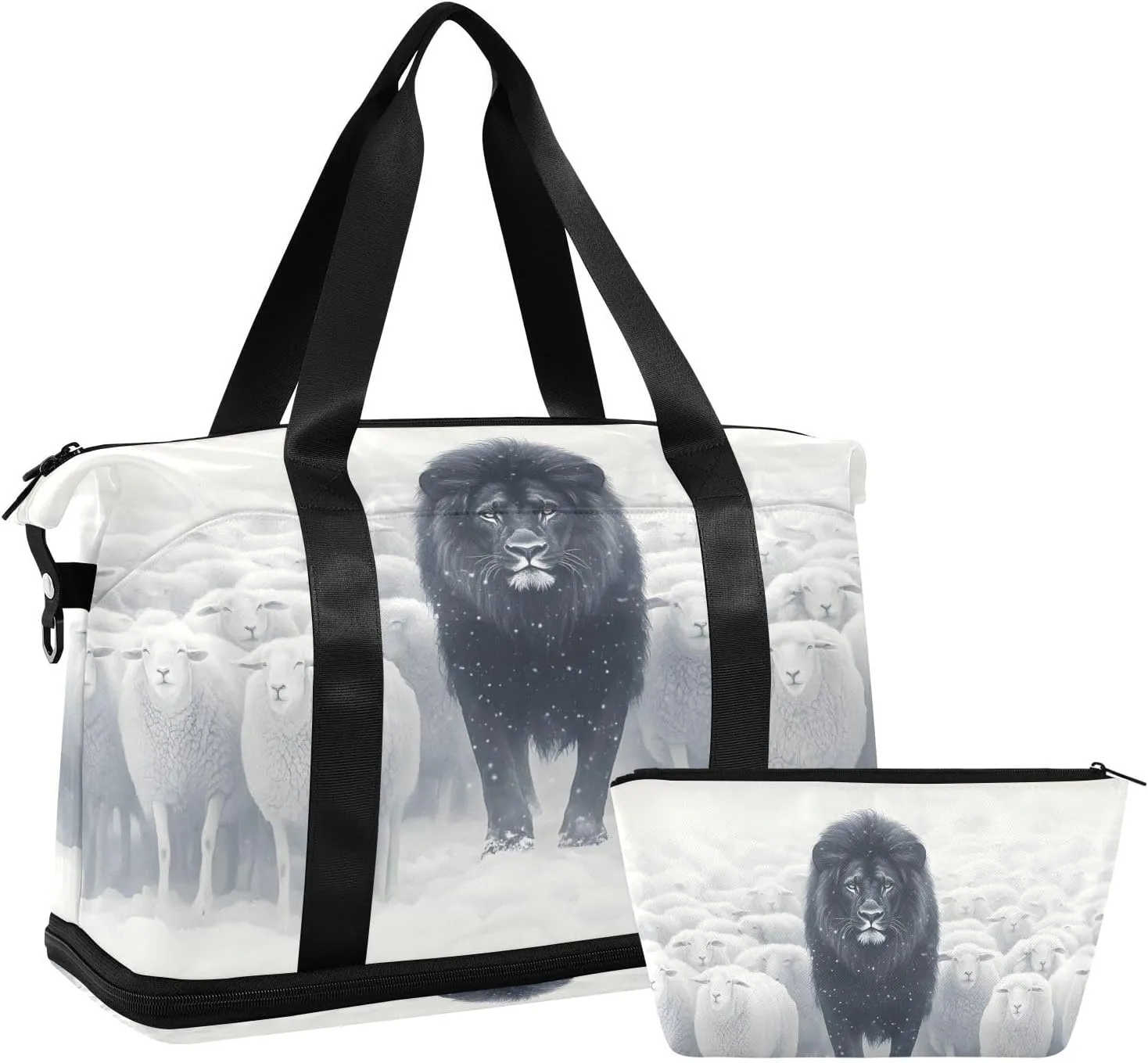 AIXIWAWA Duffel Bag Black Lion Sheep Print with for Travel Gym with Shoes Compartment Large Capacity with Toiletry Bag