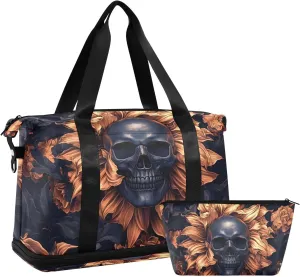 AIXIWAWA Duffel Bag Bronze Skull Print for Travel Gym with Shoes Compartment Large Capacity with Toiletry Bag