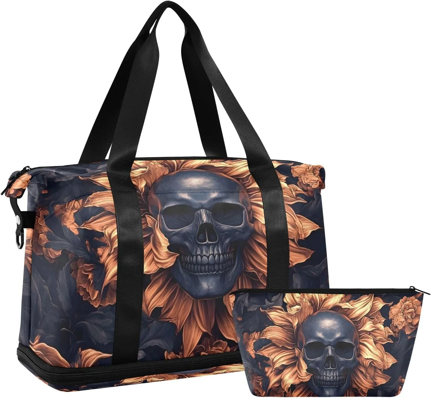 AIXIWAWA Duffel Bag Bronze Skull Print for Travel Gym with Shoes Compartment Large Capacity with Toiletry Bag