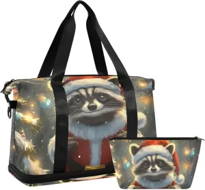 AIXIWAWA Duffel Bag Christmas Raccoon Print with for Travel Gym with Shoes Compartment Large Capacity with Toiletry Bag