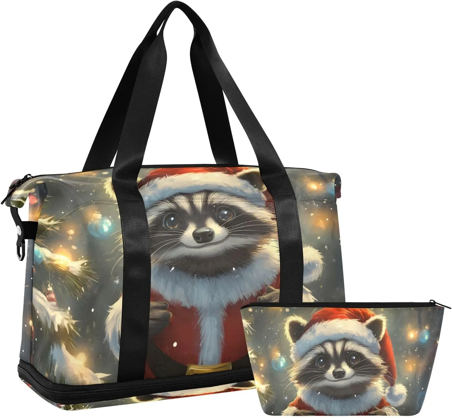 AIXIWAWA Duffel Bag Christmas Raccoon Print with for Travel Gym with Shoes Compartment Large Capacity with Toiletry Bag