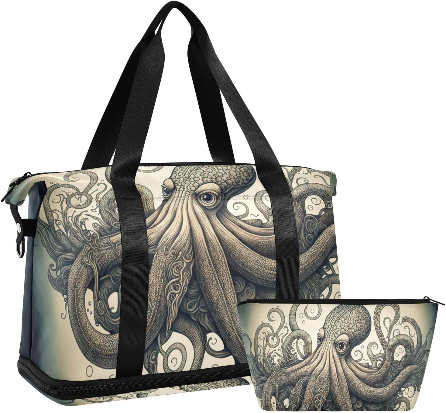AIXIWAWA Duffel Bag for Women Men, Duffle Bag Toiletry Bag Set Weekender Overnight Gym Bag with Shoes Compartment Trolley Sleeve (Vintage Octopus)