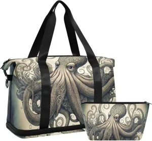 AIXIWAWA Duffel Bag for Women Men, Duffle Bag Toiletry Bag Set Weekender Overnight Gym Bag with Shoes Compartment Trolley Sleeve (Vintage Octopus)