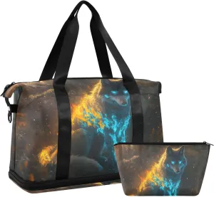 AIXIWAWA Duffel Bag Magical Flame Wolf Print with for Travel Gym with Shoes Compartment Large Capacity with Toiletry Bag