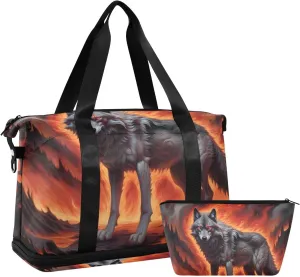 AIXIWAWA Fire Forest Wolf Duffel Bag Set with Shoes Compartment Trolley Sleeve Removeable Strap for Workout Travel Gym
