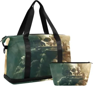 AIXIWAWA Illustration Skull Soldier Duffel Bags Set with Shoes Compartment Trolley Sleeve Removeable Strap for Workout Travel Gym
