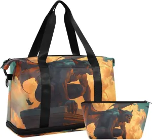 AIXIWAWA Monster Statue Duffel Bags Set with Shoes Compartment Trolley Sleeve Removeable Strap for Workout Travel Gym