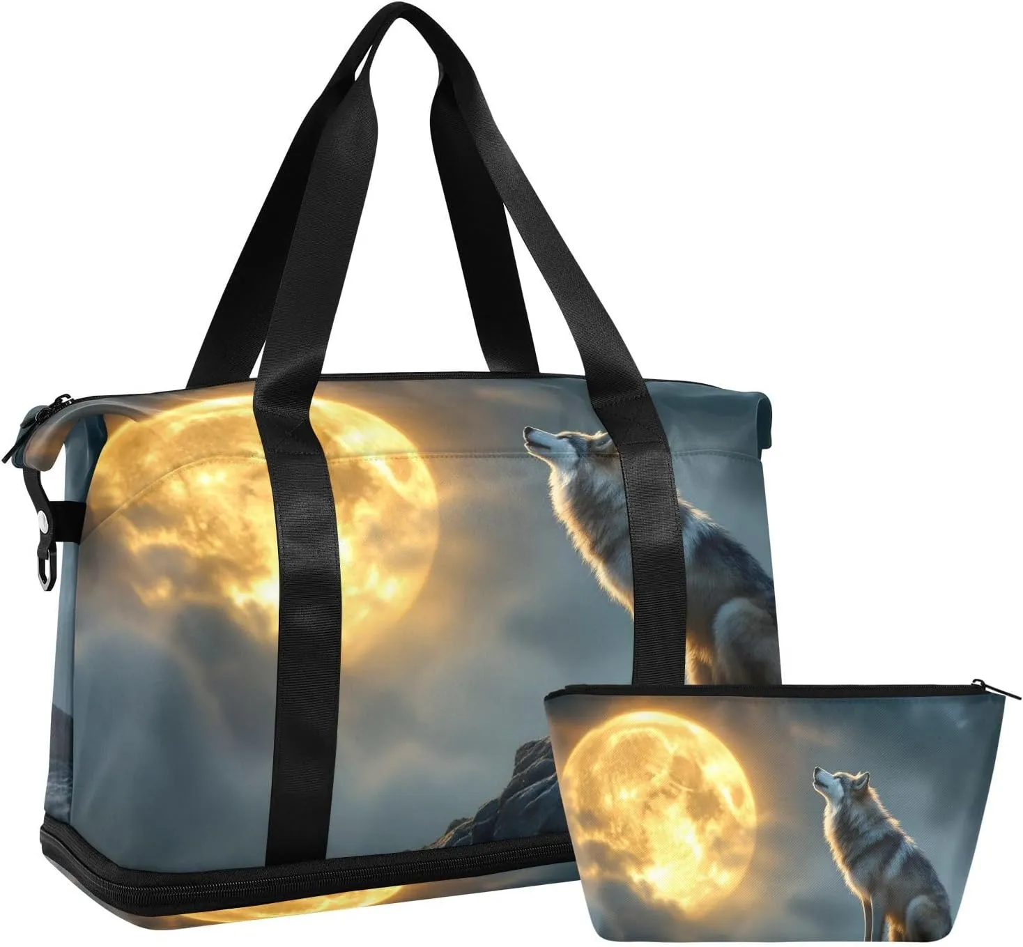 AIXIWAWA Moon Night Wolf Duffel Bags Set with Shoes Compartment Trolley Sleeve Removeable Strap for Workout Travel Gym