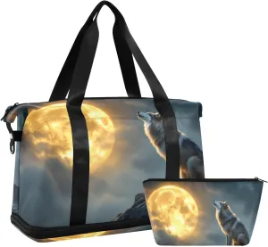 AIXIWAWA Moon Night Wolf Duffel Bags Set with Shoes Compartment Trolley Sleeve Removeable Strap for Workout Travel Gym