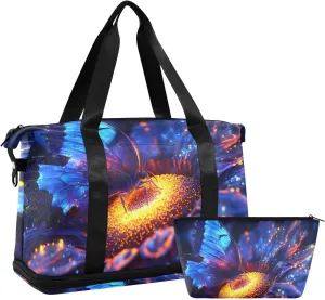 AIXIWAWA Neon Butterfly Duffel Bags Set with Shoes Compartment Trolley Sleeve Removeable Strap for Workout Travel Gym