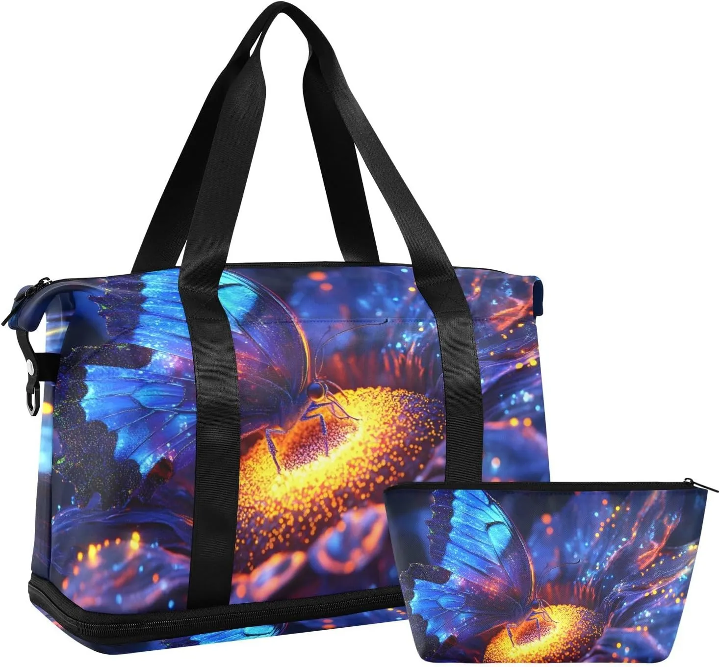 AIXIWAWA Neon Butterfly Duffel Bags Set with Shoes Compartment Trolley Sleeve Removeable Strap for Workout Travel Gym