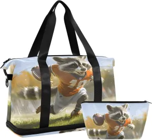 AIXIWAWA Player Raccoon Football Duffel Bags Set with Shoes Compartment Trolley Sleeve Removeable Strap for Workout Travel Gym