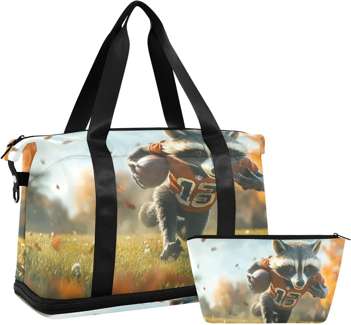AIXIWAWA Raccoon Player Football Duffel Bags Set with Shoes Compartment Trolley Sleeve Removeable Strap for Workout Travel Gym