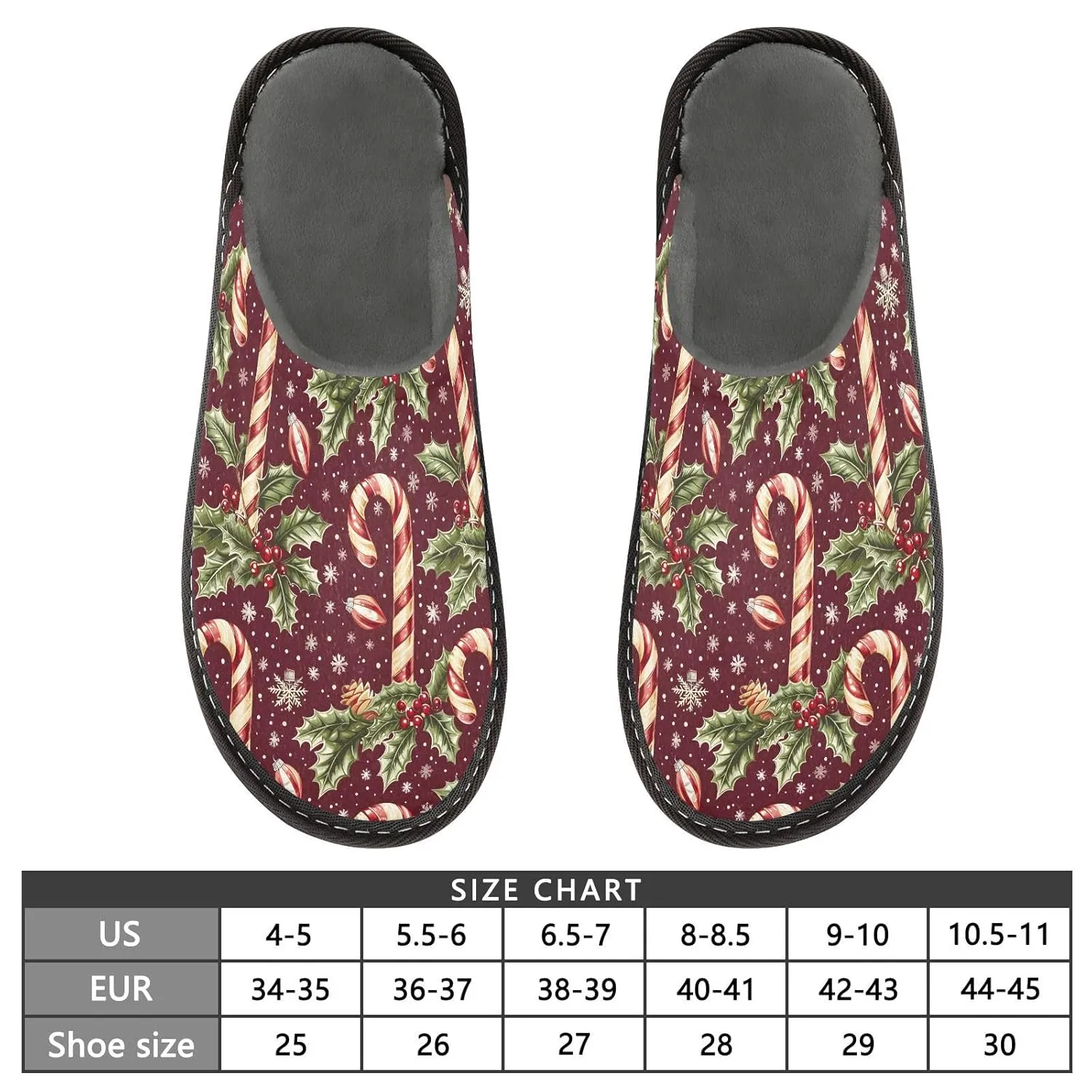 ALAZA Candy Christmas Berry Leaf Snowflake Fuzzy Slippers for Women Men Warm Soft Lightweight Memory Foam House Slippers 6.5-7