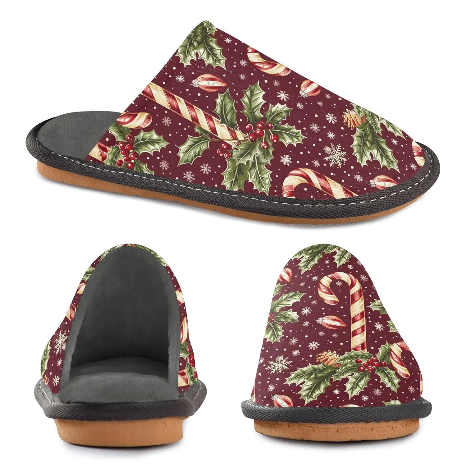 ALAZA Candy Christmas Berry Leaf Snowflake Fuzzy Slippers for Women Men Warm Soft Lightweight Memory Foam House Slippers 6.5-7