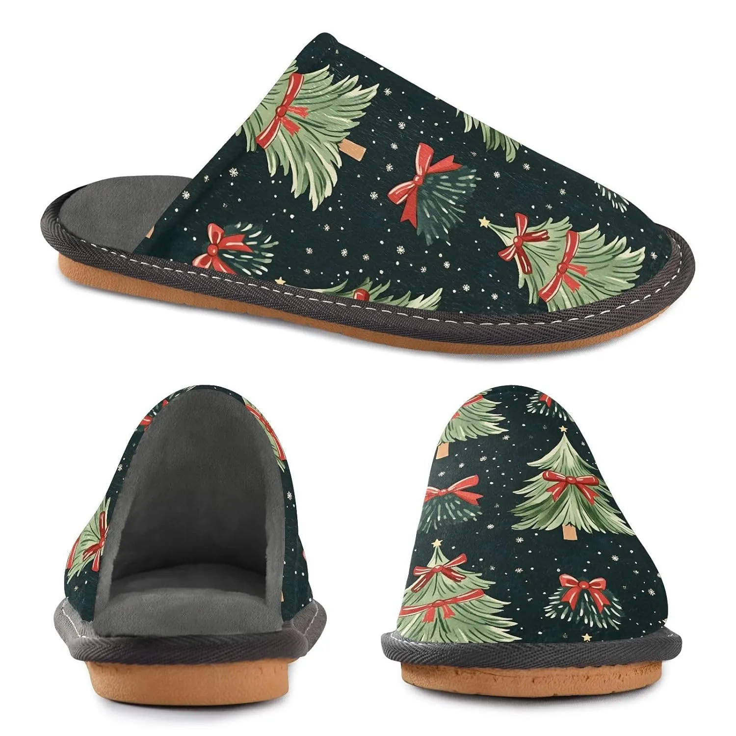 ALAZA Christmas Bow Tree Snowflake Fuzzy Slippers for Women Men Warm Soft Lightweight Memory Foam House Slippers 4-5