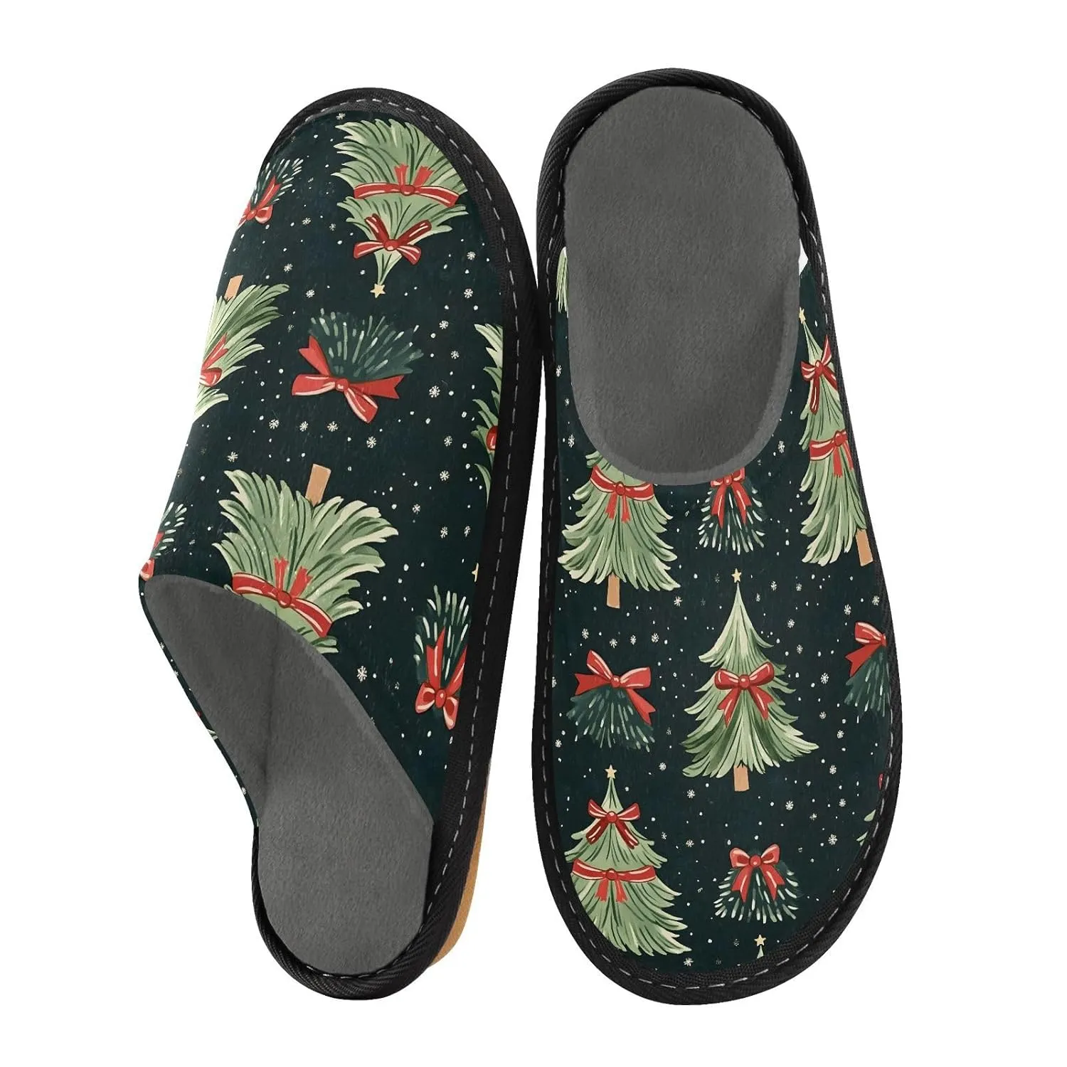 ALAZA Christmas Bow Tree Snowflake Fuzzy Slippers for Women Men Warm Soft Lightweight Memory Foam House Slippers 4-5