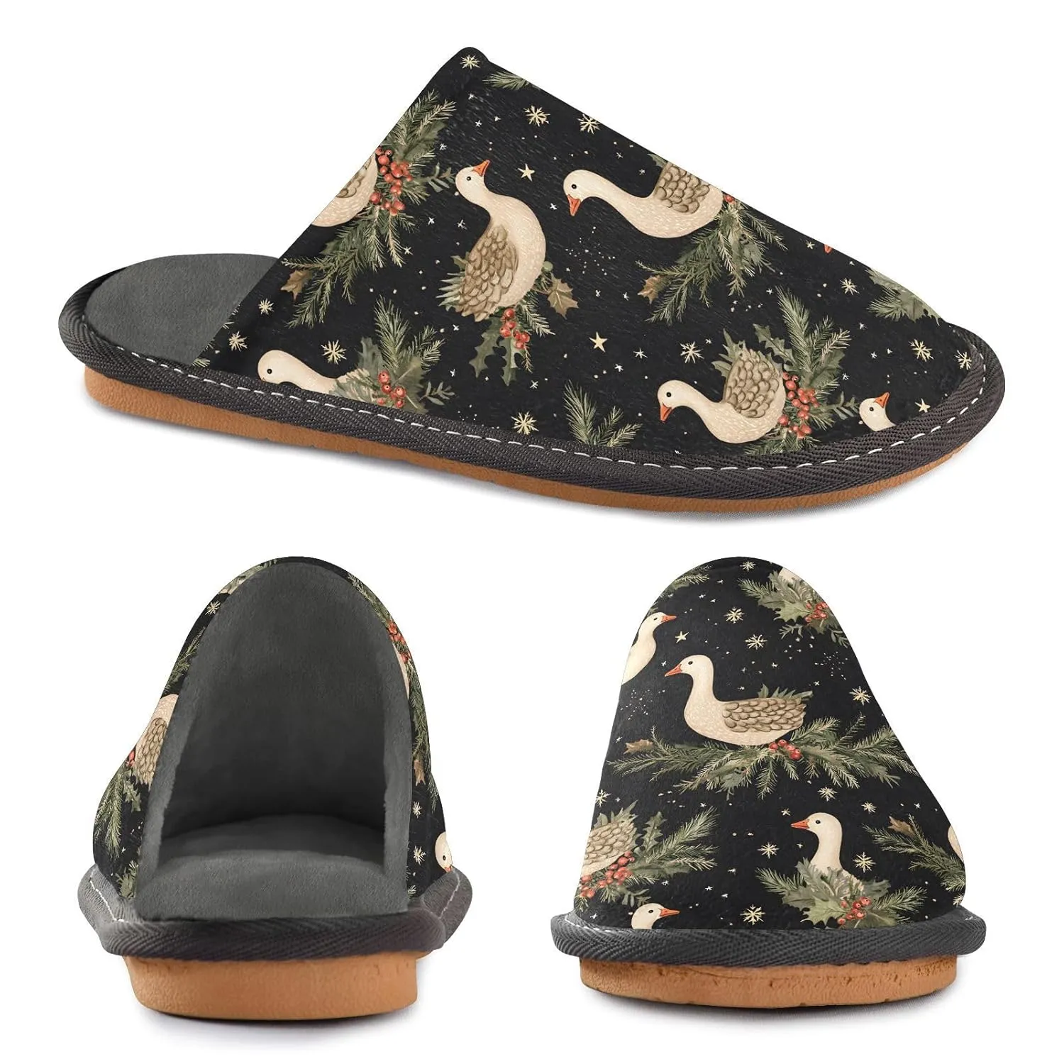 ALAZA Christmas Goose Snowflake Fuzzy Slippers for Women Men Warm Soft Lightweight Memory Foam House Slippers 5.5-6
