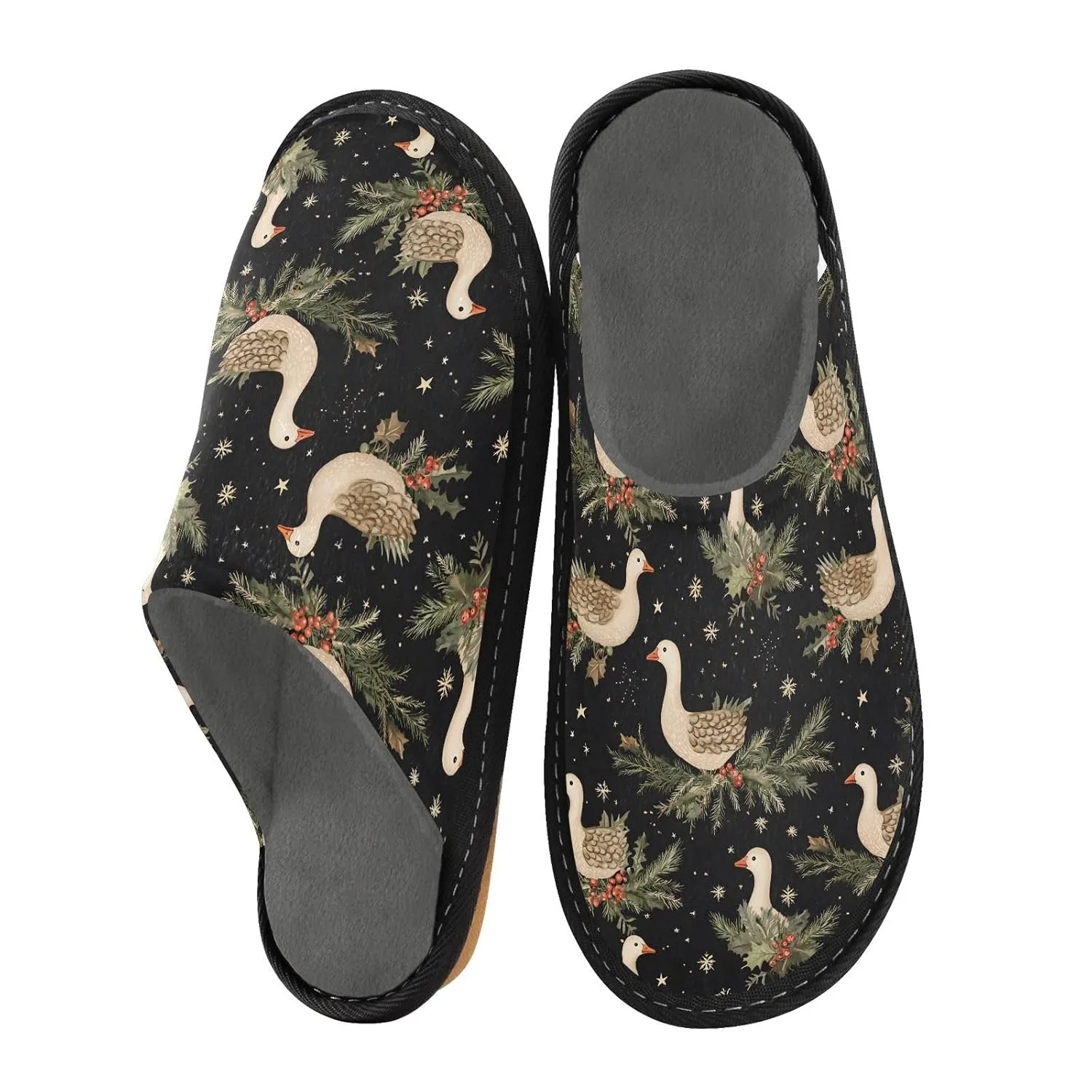 ALAZA Christmas Goose Snowflake Fuzzy Slippers for Women Men Warm Soft Lightweight Memory Foam House Slippers 5.5-6