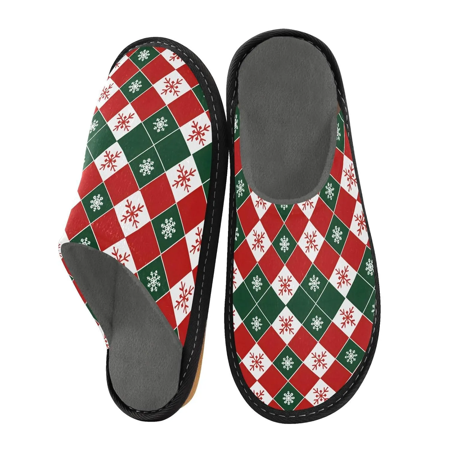 ALAZA Christmas Red Green Plaid Snowflake Fuzzy Slippers for Women Men Warm Soft Lightweight Memory Foam House Slippers 4-5