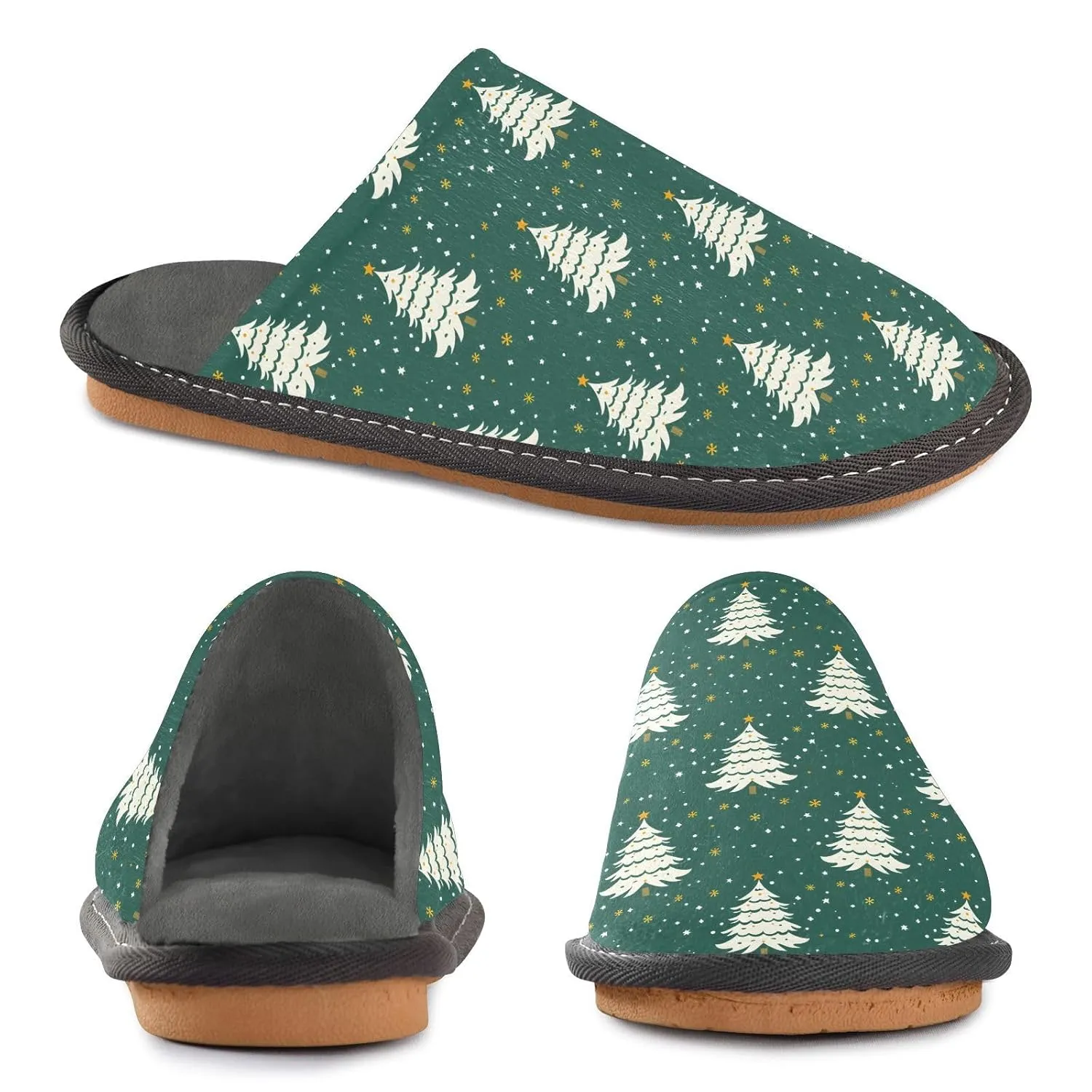 ALAZA Christmas Tree Green Snowflake Fuzzy Slippers for Women Men Warm Soft Lightweight Memory Foam House Slippers 6.5-7