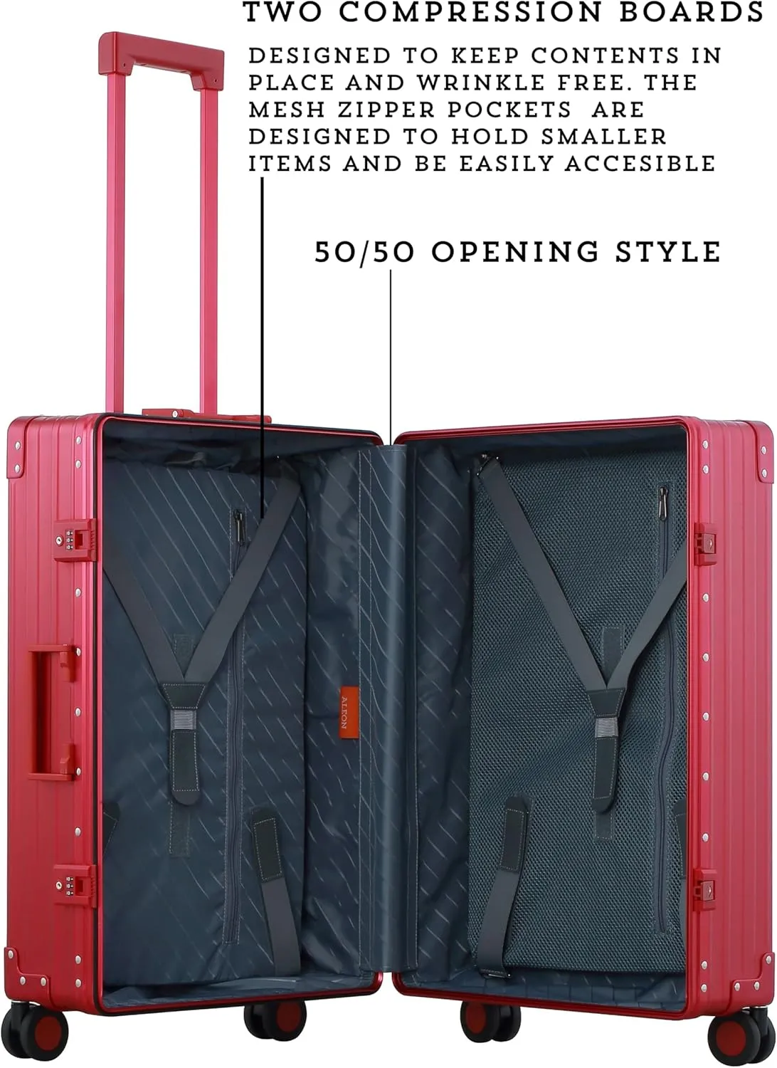 Aleon 26" Lightweight Aluminum Carry-On Luggage - Hardside Carry-On Suitcase, TSA Approved, Hard Shell Suitcase for Travel, Airline Approved Hard Spinner Wheels Luggage (Ruby)
