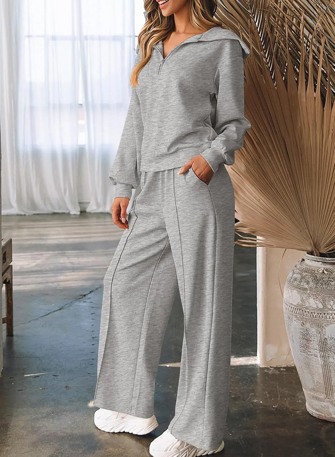 Aleumdr Two Piece Outfits Half Zip Sweatshirt Sweatsuit Lounge Sets for Women Matching Set Wide Leg Sweatpant Tracksuit