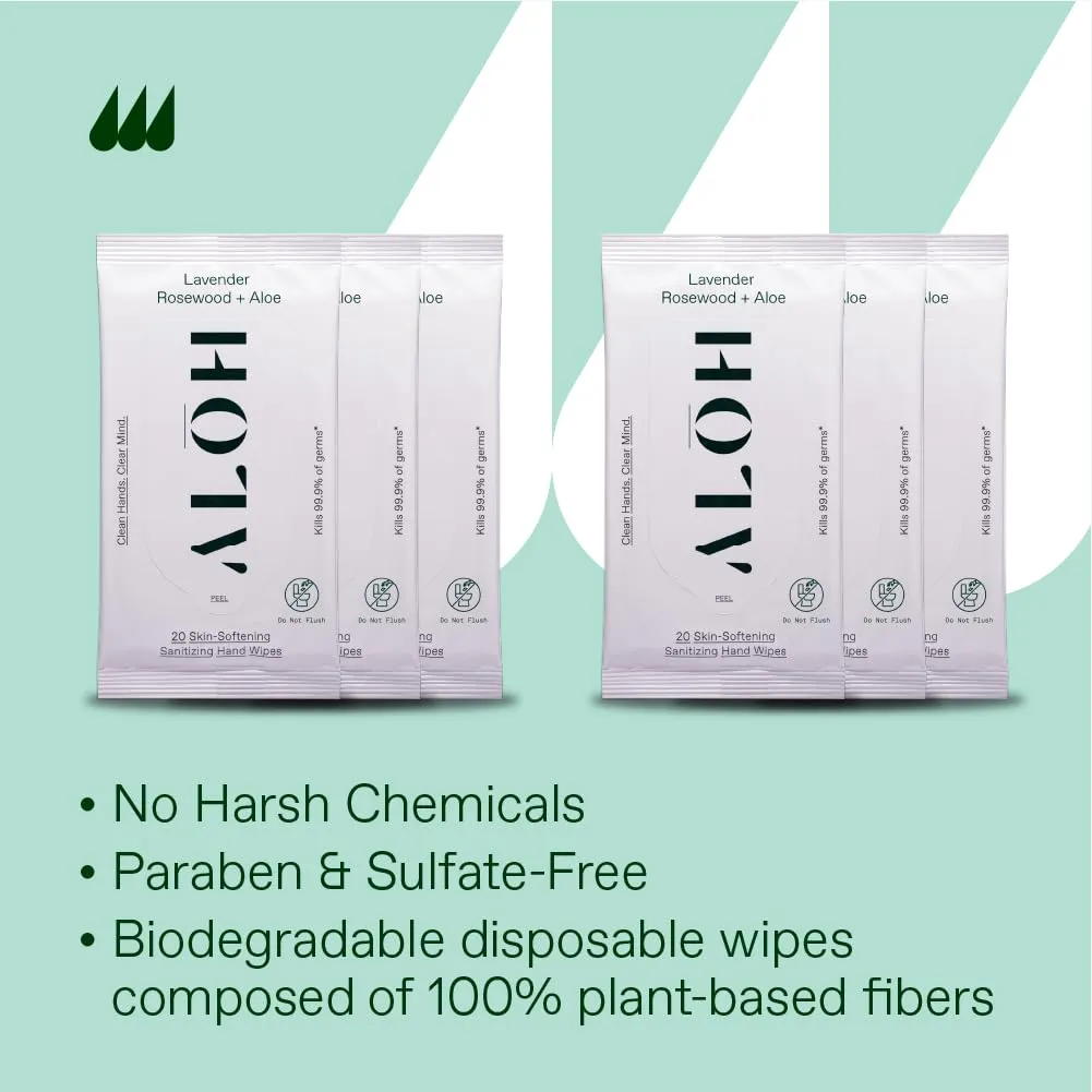 ALŌH Lavender Rosewood   Aloe Sanitizing Hand Wipes - Clean Hands, Clear Mind - On The Go Hand Sanitizer Wipes for Kids and Adults - Travel Size 6 Pack, 20ct (120 wipe)