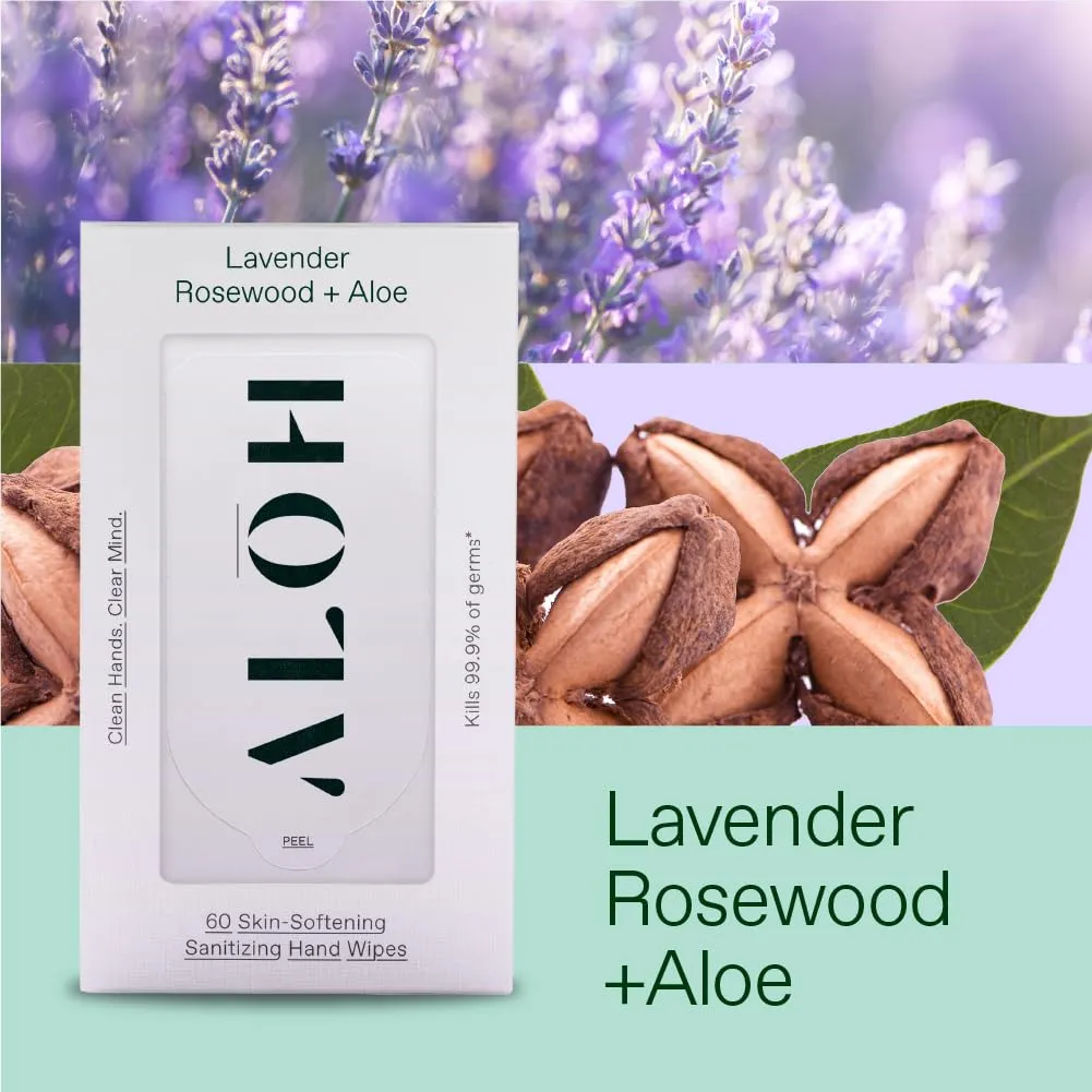 ALŌH Lavender Rosewood   Aloe Sanitizing Hand Wipes - Clean Hands, Clear Mind - On The Go Hand Sanitizer Wipes for Kids and Adults - Travel Size 6 Pack, 20ct (120 wipe)