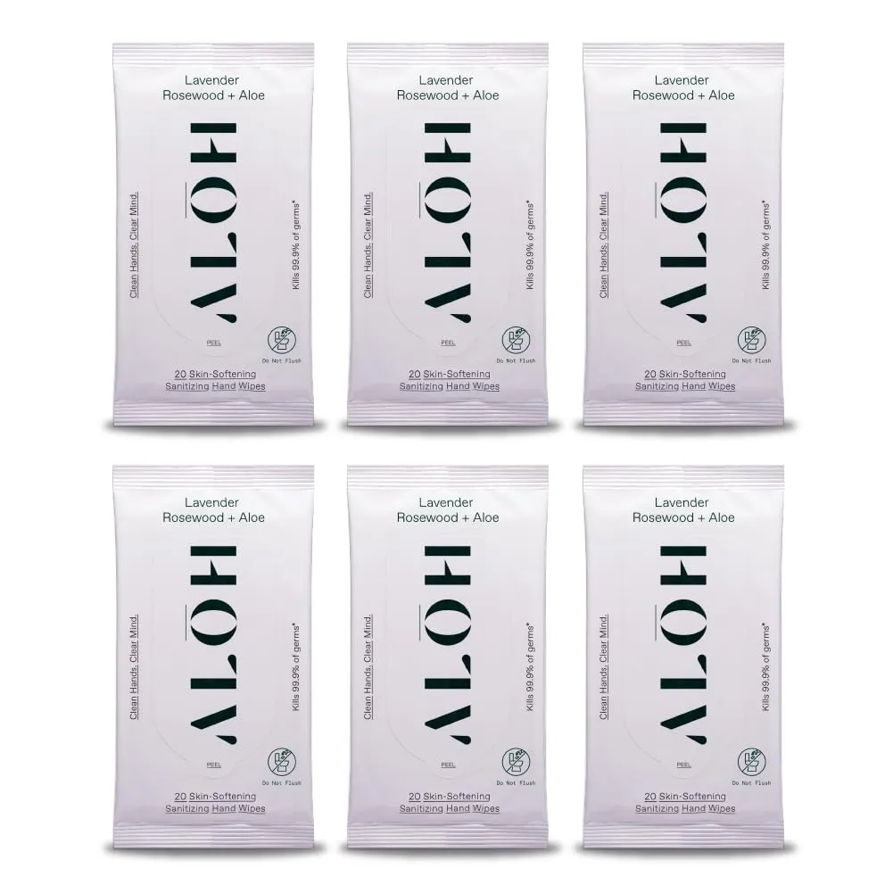 ALŌH Lavender Rosewood   Aloe Sanitizing Hand Wipes - Clean Hands, Clear Mind - On The Go Hand Sanitizer Wipes for Kids and Adults - Travel Size 6 Pack, 20ct (120 wipe)
