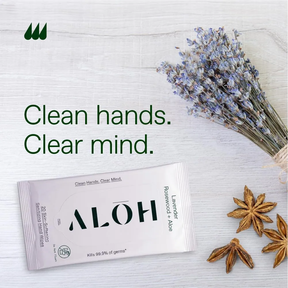 ALŌH Lavender Rosewood   Aloe Sanitizing Hand Wipes - Clean Hands, Clear Mind - On The Go Hand Sanitizer Wipes for Kids and Adults - Travel Size 6 Pack, 20ct (120 wipe)